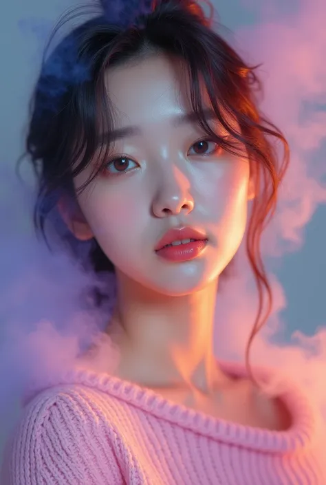 This is a picture of a beautiful korean woman, with flowers,  with a facial expression calm and focused look ahead . wearing a light pink sweater off shoulder, Her face is highlighted with warm and cold light,  featuring shades of pink , purple, dan blue y...