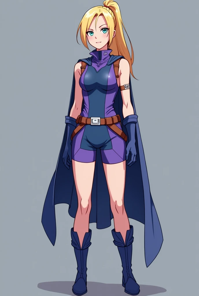  Generate a hero costume in the style of My Hero Academia. The costume is for a teenage girl, must show a lot of skin ,  be blue and purple ,  must have thick straps and a short ,  short gloves and long boots,  sleeveless, without cape,  long blonde hair ,...