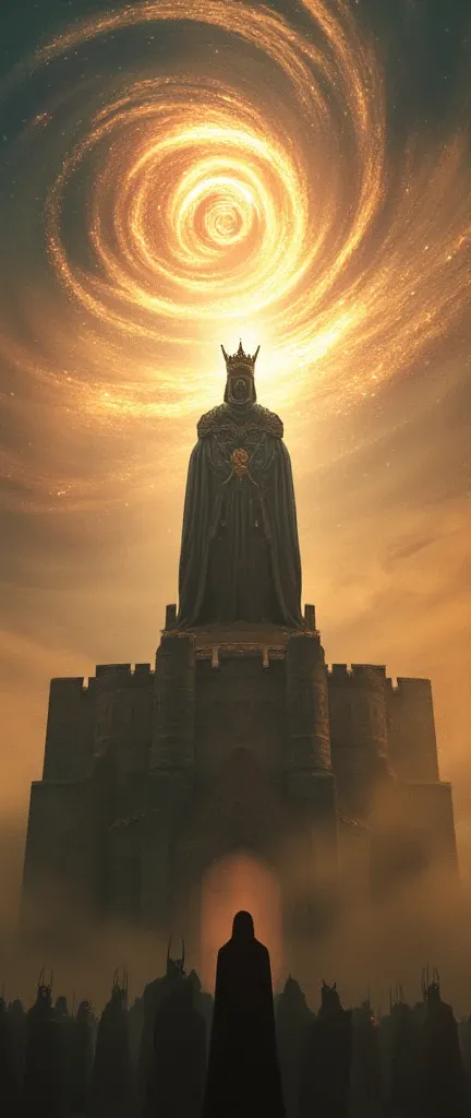 Close up The king wearing a crown stood on top of the castle and declared war on all the female soldiers lined up below him. Glitter effect and sparkling spiral magic on the sky did open a portal another dimension from smoke and sandstorm, watermark "puria...