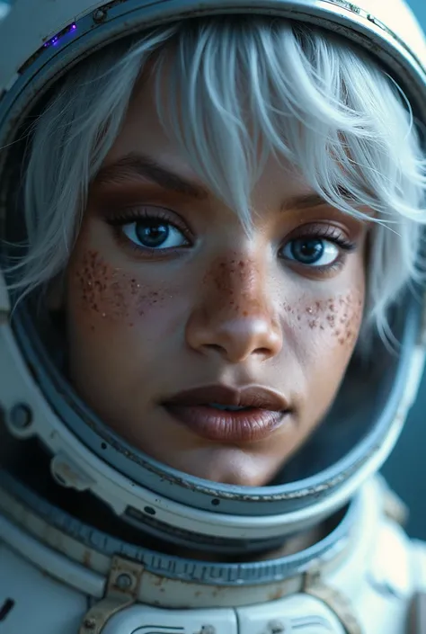 ( Close-up of a better masterpiece :1.5)0.9], (Espace et astronautes :1.2) (Messy silver hair :1.1) (Xanthochromic heterochromia and blue eyes :1.2) (Casque spatial :1.0) (Étoiles colorées dans les yeux :1.0) (Un éclat rayonnant :1.1) ( thick lips  :0.9)