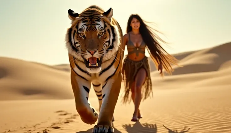  photograph of a giant saber-toothed tiger that protects a beautiful primitive woman,  the tiger and the woman walk along a beautiful desert full of dunes , ,  His body is thin but athletic , Her hair is long and straight,  Her facial expression is serene ...