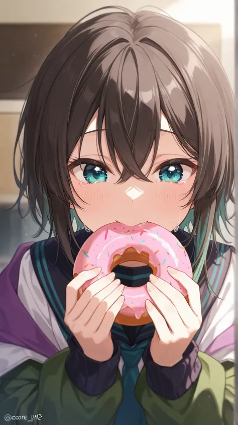 teary eyes while eating donut portrait