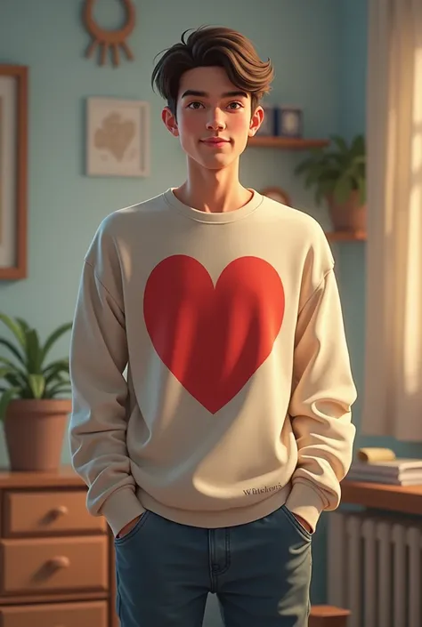 A person wears a mens sweatshirt with a heart 