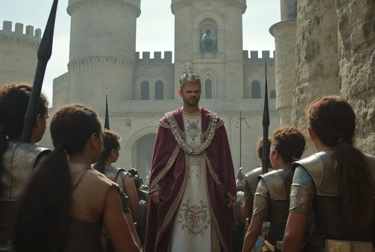 Close up The king stood on top of the castle and declared war on all the female soldiers lined up below him.