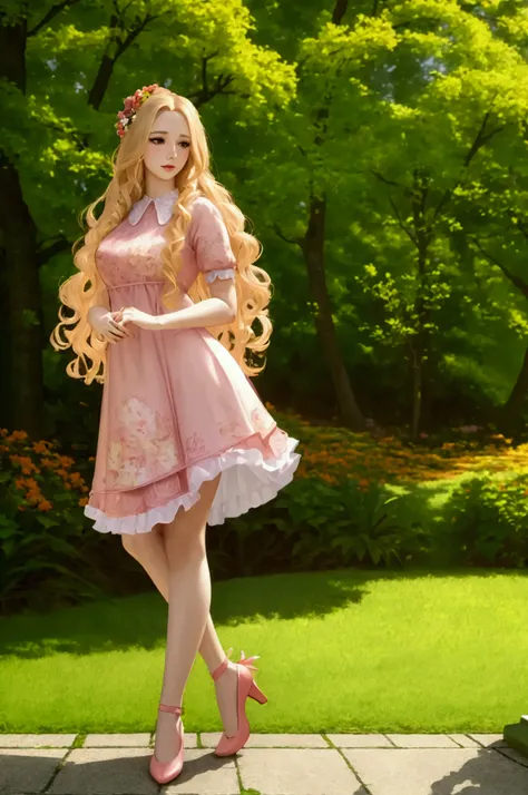 a beautiful young woman, long blonde curly hair, wearing a pink and red floral dress, white stockings, and pink ballet flats, standing in a vibrant spring park with colorful flowers and lush greenery, (best quality,4k,8k,highres,masterpiece:1.2),ultra-deta...