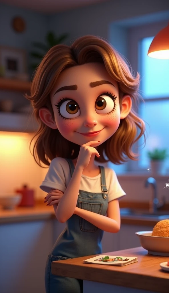 A 3D caricature cartoon-style highly detailed scene of a woman inspired by the provided reference, standing in a cozy kitchen with a playful and mischievous expression. She has shoulder-length brown hair with blonde highlights, large expressive eyes, and a...