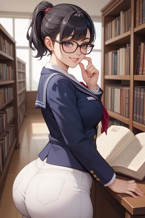  Anatomically Correct 、 accurate human body、5 Fingers,((((Clothing)))),Library、 1 teenage woman 、huge tits, huge ass, plump 、Droopy eyes、 black hair、 short ponytail、Glasses、Sailor Blazer、 shiny skin、smile、I have 3 books on my chest、