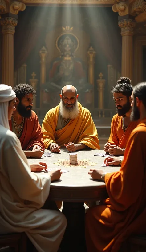 a realistic setting , with typical Christian God , Allah of Islam , Brahma of Hinduism , Buddha of Buddhism ,  Ahura Mazda of Zoroastrianism and Jesus Christ forming a group of deities seated around a round table playing cards