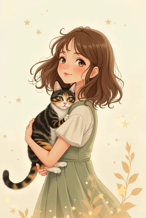 Drawing of a girl with shoulder-length wavy brown hair on her back and her calico cat on her back