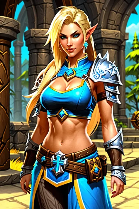 Human female paladin, world of warcraft, casual attire, blonde, midriff, navel, holy cross tattoo under navel