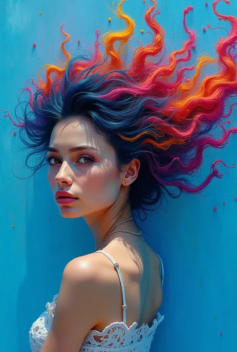 a painting of a woman with colorful hair, soft airbrushed artwork, intricate flowing paint, burst of colour, profile picture 1024px, & the artist has used bright, contourless, style of hydro74, unusually unique beauty, blue wall, vibrant inkbursts, bright: