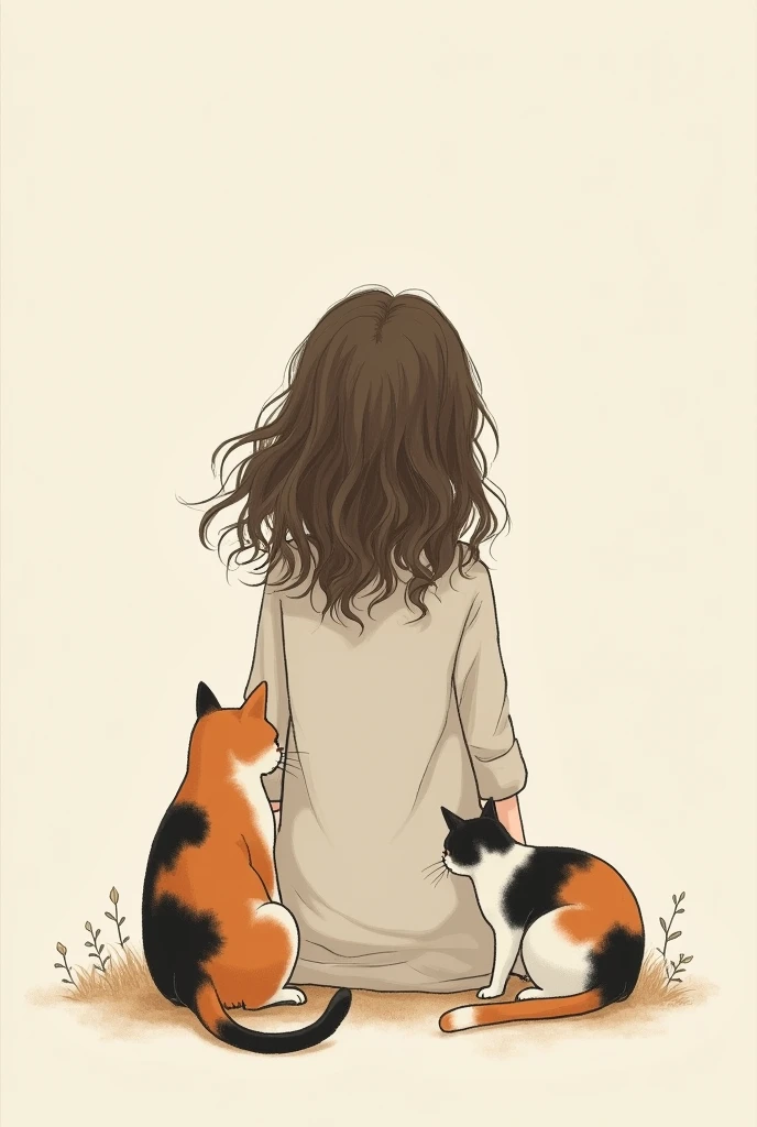 Simple drawing of the back of a girl with wavy hair and the back of a calico cat