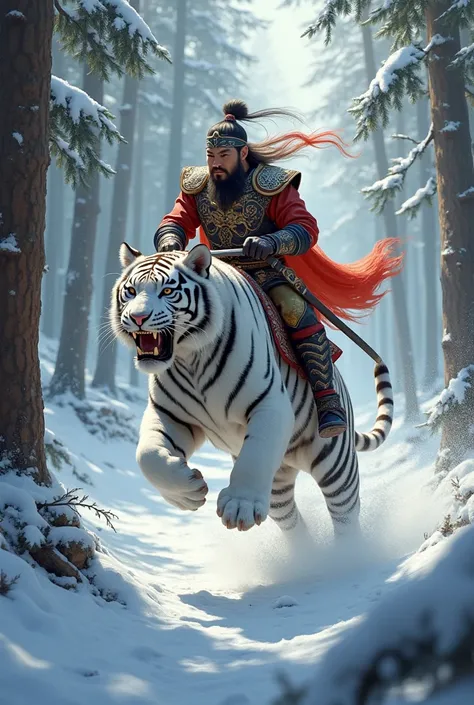 A war-dressed chinese man riding a white loreng black tiger in a snow forest is seen from the far side being leaping