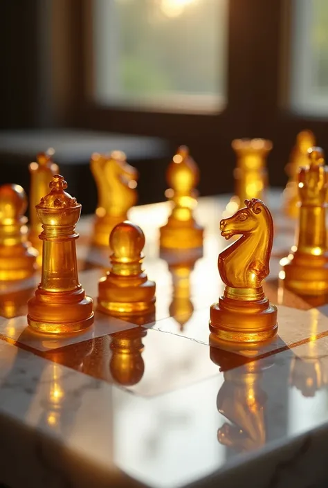 chess, crystal chessboard, marble table, amber chess pieces