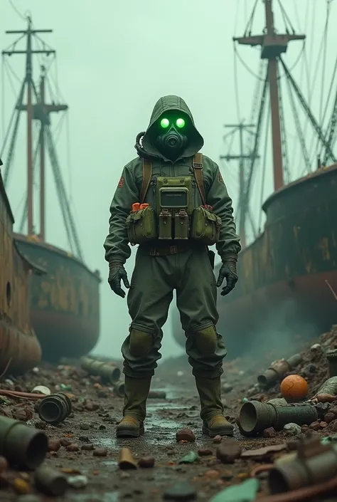 
Create a scientist with a toxic gas mask, Background with wreckage of boats