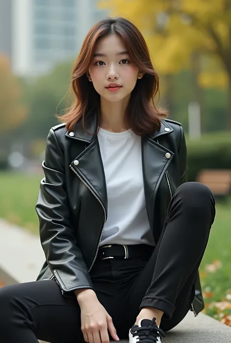 Road Side blurry background, and 20 Year old girl white t-shirt and black leather jacket fitness, white and black Shoes, medium beautiful bair, Sitting on park beautiful place with noya 3d art painting realistic photo