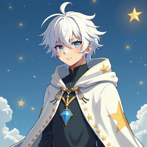 A tall boy of 1 .85, ( albino)  with white hair with blue tips , blue eyes and straight hair . From 22 years old.
 He wears a white cloak with drawings of gold stars ,  is always out there having fun with his friends .  But he also spends a lot of time ser...