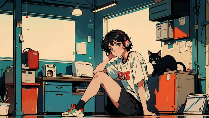  an anime-style girl with short hair , Wavy hair and big expressive eyes ,  wearing casual clothes and red headphones .  shes in a cluttered garage 、Sitting in front of a vintage blue Porsche 911。.  there are neon lights in the garage ,  colorful poster , ...