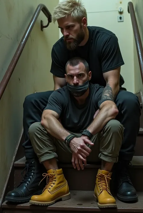 A nordic man with a short beard and hair dressing yellow Timberland boots, cargo pants and black t-shirt is sitting on stairs, tight tape on his mouth, bound from his legs and hands with thin rope. He is captured by a blond man dressing black combat boots....