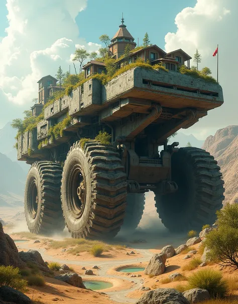 giant crawler-driven vehicle, large single-board vehicle, ((Moving towns)), The town on top of a car, ((A town through the wilderness)), Strange images, unreasonable, Stunning, huge vehicle, Moving cities, A town that drives independently, Conquer the dese...