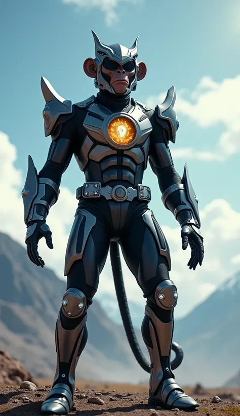 Hyper-realistic cinematic image of a humanoid hybrid created from the fusion of the Black Power Ranger and a monkey. The character features futuristic black and silver armor with sharp, dynamic lines and accents inspired by monkey agility, such as claw-lik...