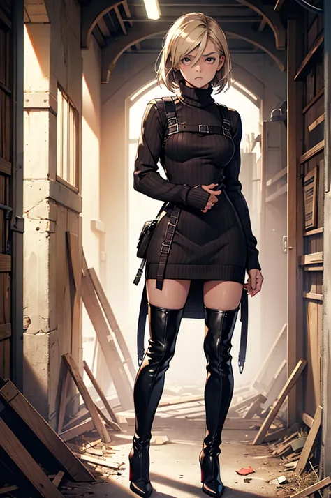 masterpiece, young, best quality, in zombie home, ((worried ..expression)) ,1girl, RE4, sweater dress, turtleneck, rad ribbed sweater, thigh high boots, harness, best quality, masterpiece, highres gorgeous design,  best quality Full body scale include heel...