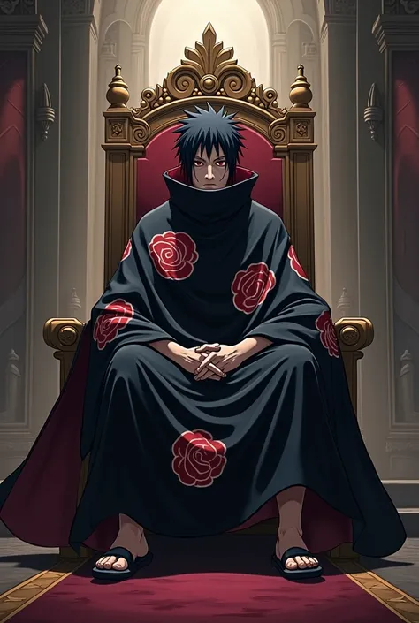 Obito Uchiha without mask with an Akatsuki outfit sitting on a tron