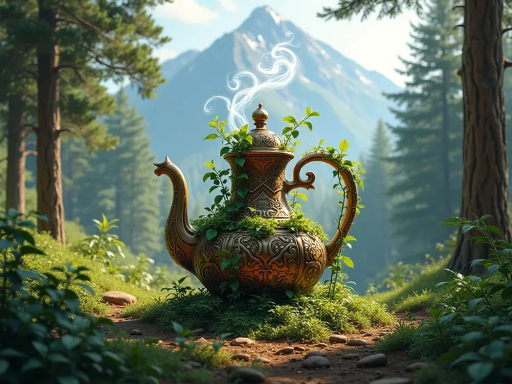  A coffee pot in the middle of the forest in the mountains , The coffee maker has coffee plants ,  and the steam that comes out of it moves around it