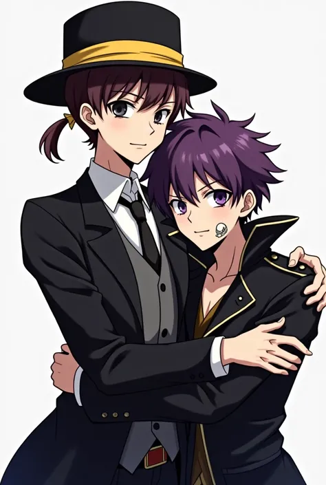 make an image of two characters from the anime "Katekyo Hitman Reborn", Reborn (a tall brunette with black eyes in a three-piece suit and a black fedora with a yellow ribbon, with a teasing grin) and Skull (a guy with purple hair and eyes, a tattoo of a pu...