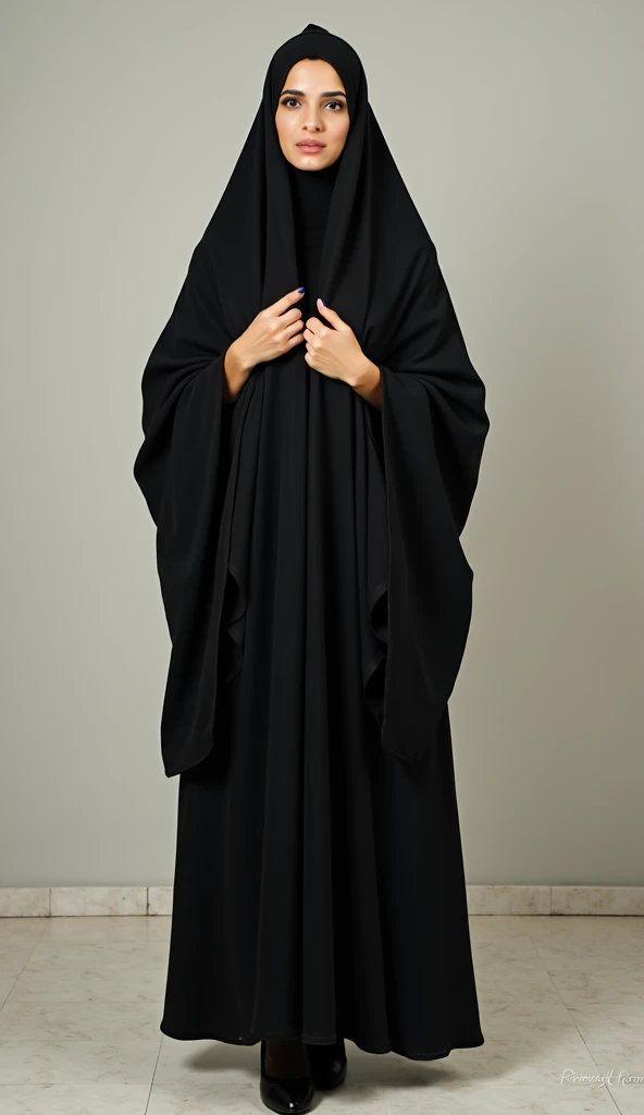 She is wearing a traditional black chadori that covers her head and body. The woman is wearing black tights and black high heels. Her hands are positioned so that one is resting on her chest and the other on top of it, her fingers lightly touching the fabr...