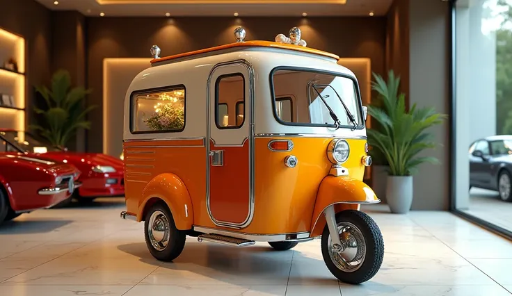 tricycle camper With Background Luxury Showroom front  side 