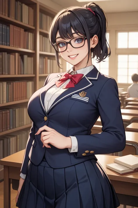  Anatomically Correct 、 accurate human body、5 Fingers,((((Clothing)))),Library、 1 teenage woman 、huge tits, huge ass, plump 、Droopy eyes、 big eyes、 black hair、 short ponytail、Glasses、Sailor Blazer、Long pleated skirt、 shiny skin、 gentle expression、Smile、Fro...