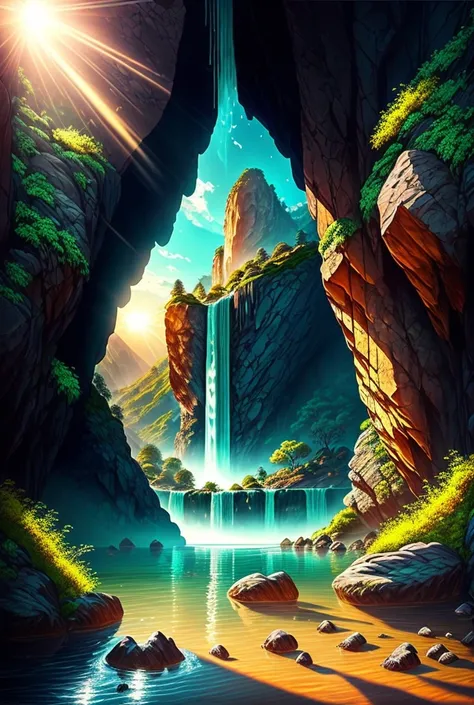 A breathtaking view from inside a cave, where sunlight streams through a cascading waterfall, illuminating the rocky walls with vibrant colors. The water glistens, creating a magical atmosphere, while lush greenery surrounds the entrance, inviting explorat...