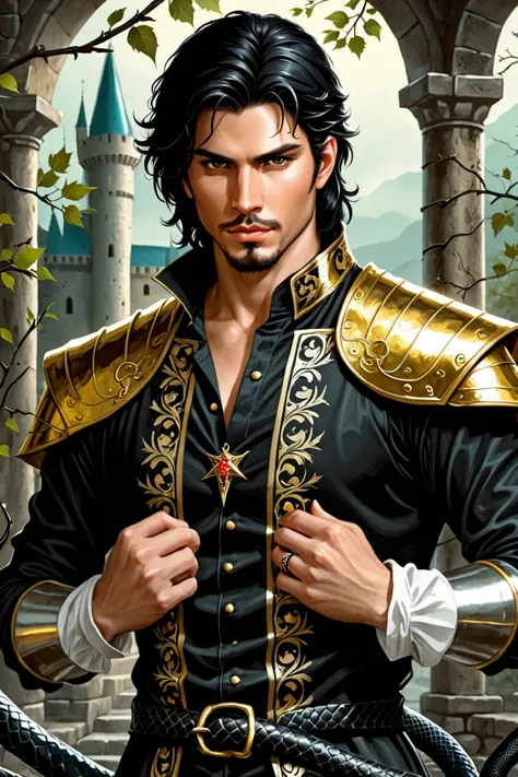  I would like a young man of 26 years old .  that is white skin ,  golden eyes and black hair , long. Que salga  dressed like a prince  de un castillo, Your clothes are black and white shirt from the medieval era and bracae in black,  dressed like a prince...