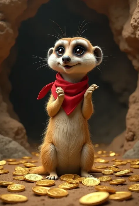 Meerkat (A slim meerkat with dark eye patches, a red bandana, and a mischievous grin.) embarrassed and lifting both hands inside the cave full of golds coins on ground