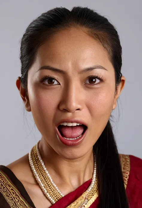 Ultra detailed photo of sundanese woman, beautiful girl, highest quality realistic skin, eyes in focus, 45 years old, focus on mouth, open mouth, saliva, open mouth wide, inside of mouth visible, ponytail hair, mouth open wide, uvula visible, turn the face...