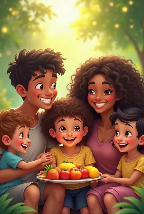 The four friends  sitting together, smiling and sharing fruit, realizing that true strength comes from friendship and cooperation.
