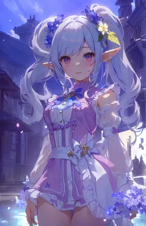 masterpiece:1.2, best quality, detailed and beautiful, a close up of a person in a dress standing in front of a building, lalafell, pink twintail hair and cyan eyes, atelier lulua, alluring elf princess knight, elf girl wearing an flower suit, jrpg charact...