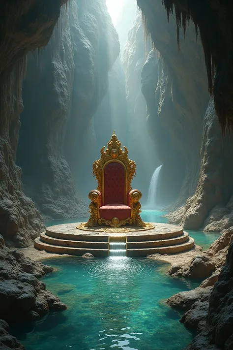 Create a huge throne room inside a cave with water and a huge throne with photorealistic golden parts. 