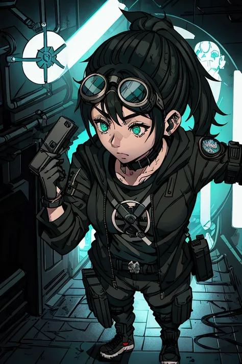 In the Order style, a girl with a gas mask and goggles, a cyberpunk street tough, a neon operator, an Order art style, a digital RPG art, a 2D sprite, very sample clothes, with two colorful ponytails, holding a cell phone, great lighting, intricate