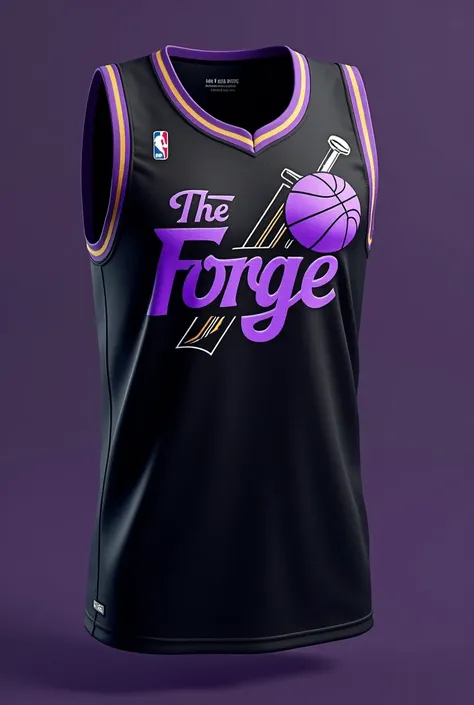 Create a modern NBA basketball jersey, in the colors black and purple ,  featuring the name “The Forge” on the front and a sword with a purple basketball.