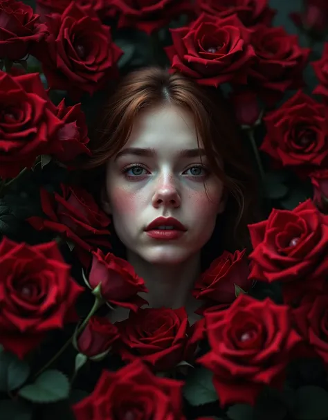 melancholic woman with chestnut hair, lost in a sea of dark red roses, gothic aesthetic, soft focus