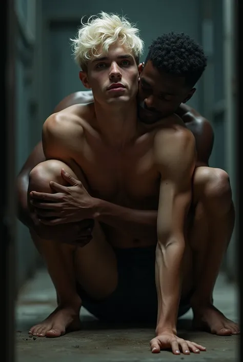 beautiful platinum blond 18 years old naked muscular male model, blond on all fours, black male cuddles him, blond looks in front, in jail cell, nude,  legs open, tight ass