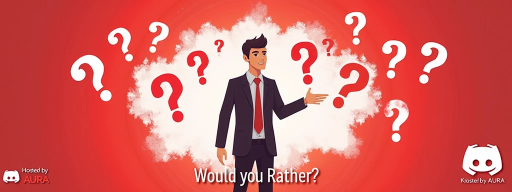 I need a banner for a "Would you Rather" event in the "Aura" discord server in a red and white theme, with a few question marks around, with the name of the phrase " Hosted by AURA" at the bottom, the discord logo at the corner, and an animated man in the ...