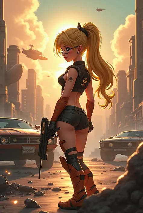  Sports car ,  high quality cg cartoon wallpaper ,  asymmetrical world collapsing ,  golden-haired girl  (, With a gun.,  Very big breasts ,  crop top , Future world soldier ,  Wear sunglasses  )   Iron scrap city background image ,  with car Old robot in ...