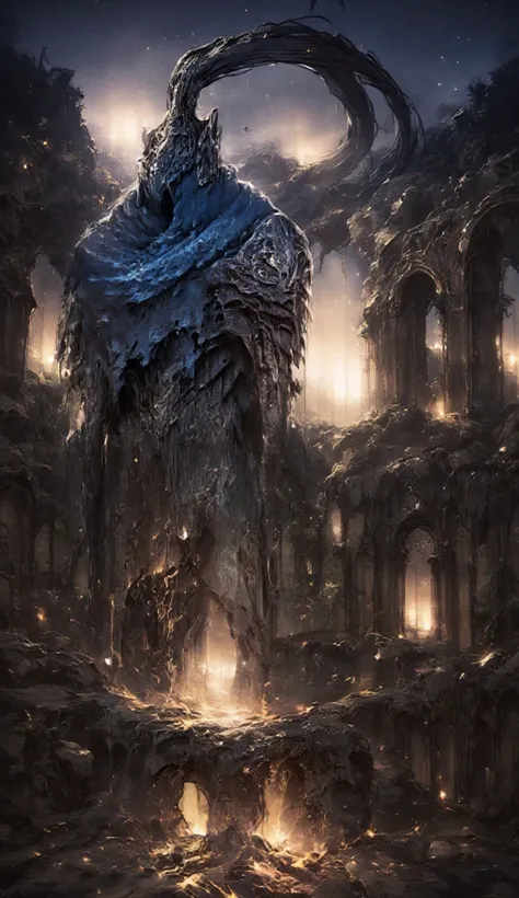 " A gloomy and desolate place in ultra realistic 8K air , Inspired by Dark Souls.  Ruins of an old Gothic cathedral ,  with broken columns and destroyed stained glass ,  barely illuminated by a faint glow of embers that flicker in the dark .  The floor is ...