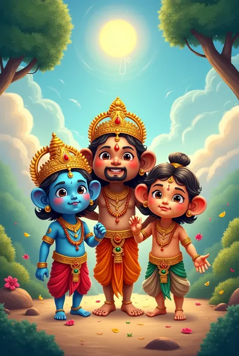 Give me a cute graphic group picture of murugan,ayyapan and Hanuman
