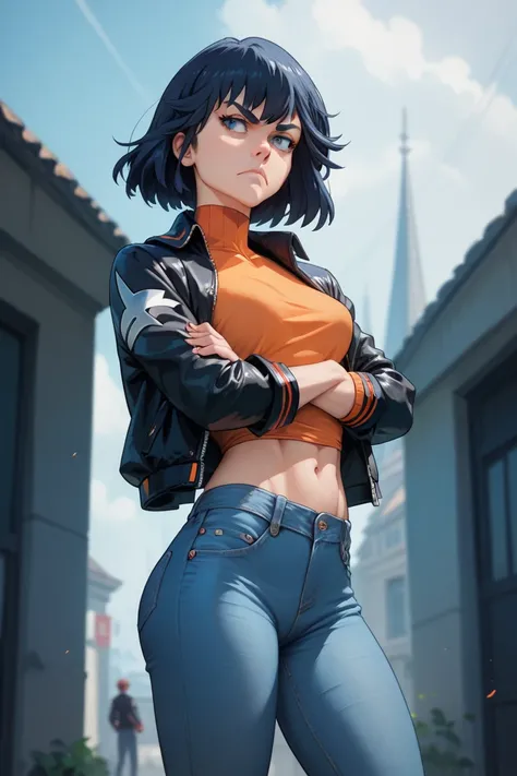 Girl, anime, dark blue hair, confident, fit, serious, blue eyes, orange shirt, black jacket, tight jeans, standing, arms crossed, looking away, short, kill la kill