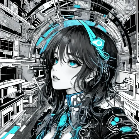 "A captivating black-and-white coloring book illustration featuring a cyberpunk-inspired girl in profile, depicted with her entire body intricately adorned with detailed textures and flowing patterns. The grayscale design transforms neon trajectories into ...