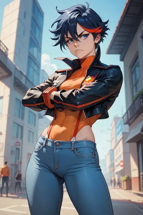 Girl, anime, dark blue hair, confident, fit, serious, blue eyes, orange shirt, black jacket, tight jeans, standing, arms crossed, looking away, short, kill la kill ryuko